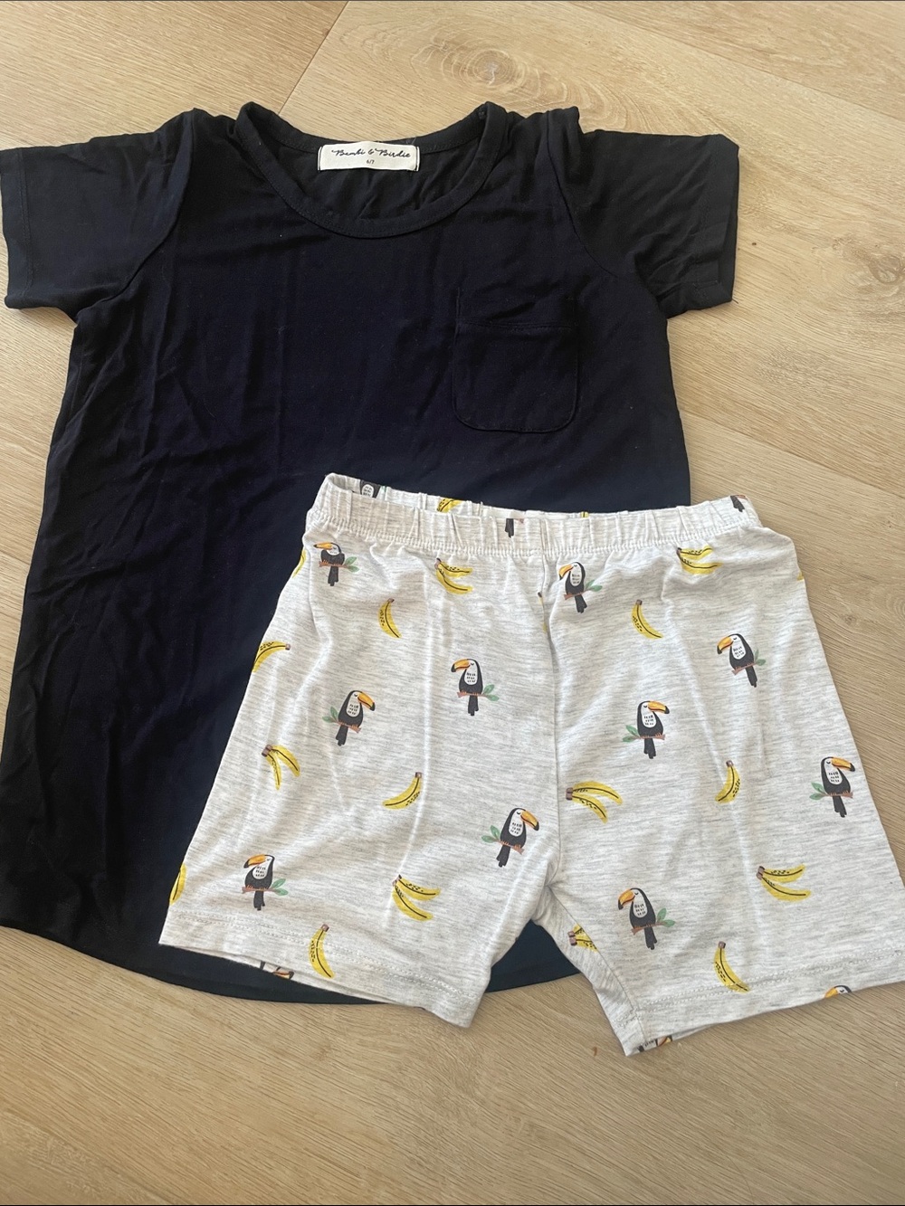 Kids Pajama Set with Black Top and Toucan Banana Print Shorts